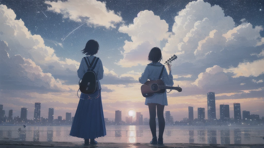 Acoustic guitar,真っ暗なnight空,Octane, star (null), scenery, Blue parakeet,Acoustic guitarは身体の前,star, night, Sailor suit, Back view, Outdoor, city,Blue parakeet,building, cloud, milky way,silhouette