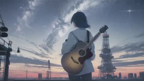 acoustic guitar,真っ暗なnight空,octane, star (null), scenery, blue parakeet,acoustic guitarは身体の前,star, night, sailor suit, back view,...