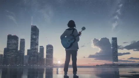 Acoustic guitar,真っ暗なnight空,Octane, star (null), scenery, Blue parakeet,Acoustic guitarは身体の前,star, night, Sailor suit, Back view,...
