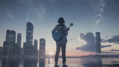 acoustic guitar,真っ暗なnight空,octane, star (null), scenery, blue parakeet,acoustic guitarは身体の前,star, night, sailor suit, back view,...