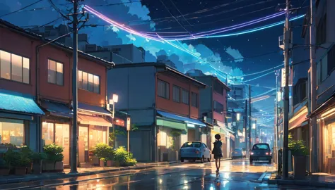 um cenário urbano com luzes de néon, ruas tranquilas e um céu estrelado, noite, estilo anime ((makoto shinkai)), makoto shinkai&...