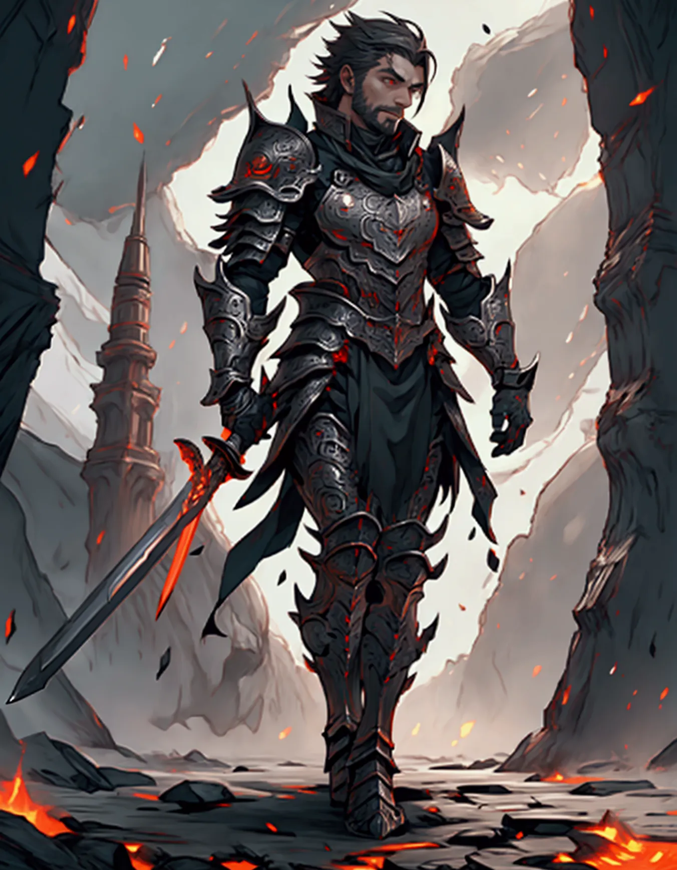a 27 year old man, trefoil armor, steady look, demonic sword over the ground