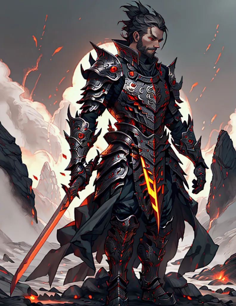 a 27 year old man, trefoil armor, steady look, demonic sword over the ground