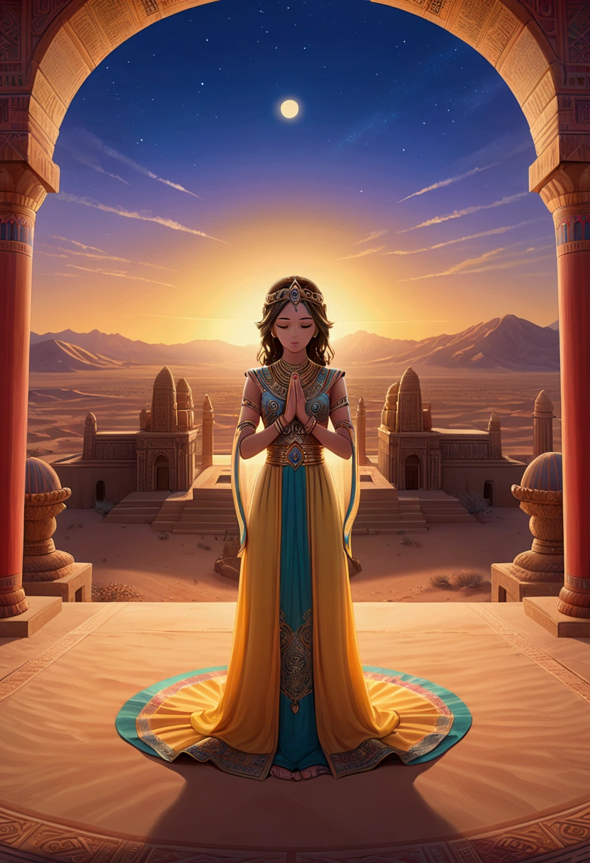 (a Desert Princess), prays to God in front of the temple on the edge of the desert, with the background of the Desert Temple and dusk, full body, (Photography), panoramic view, award-winning, cinematic still, emotional, vignette, dynamic, vivid, (masterpiece, best quality, Professional, perfect composition, very aesthetic, absurdres, ultra-detailed, intricate details:1.3)