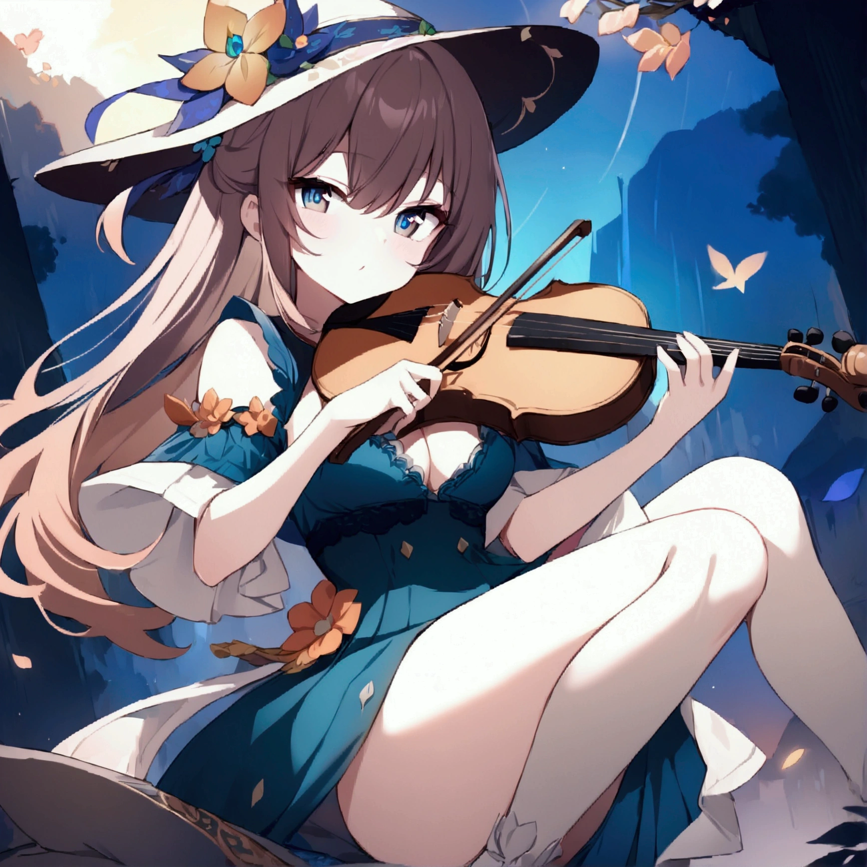 (1girl, Masterpiece, best quality) (detailed and beautiful eyes:1.6) (perfect hands, perfect anatomy) (full body) holding a violin, wearing big flower hat
