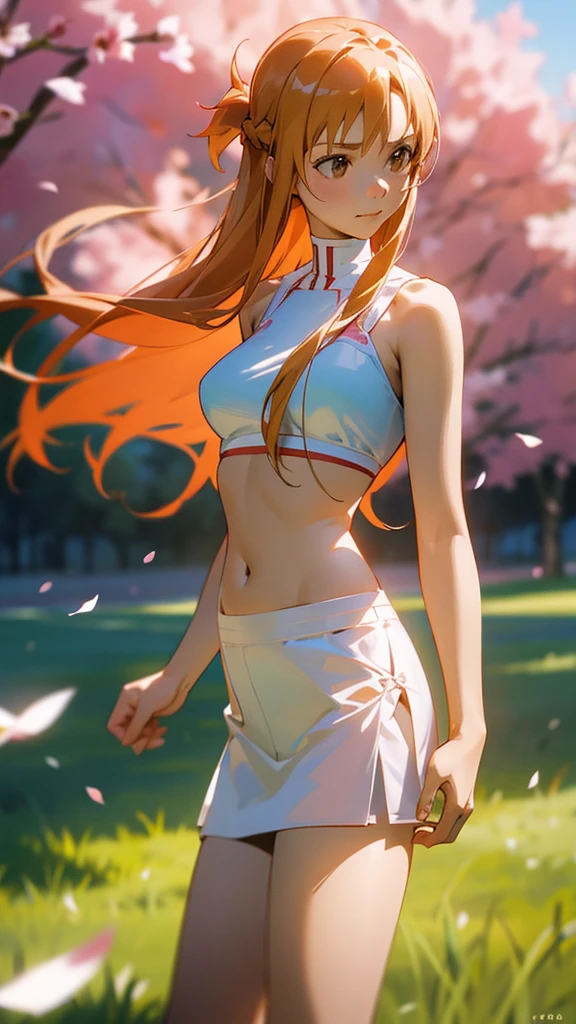 Una hermosa joven con cabello naranja claro., asuna yuuki from sao, asuna yuuki, usando sujetador y ropa interior, de pie en un campo de flores de cerezo, Su vientre plano y sus pechos medianos son visibles., capturado desde un ángulo holandés, (mejor calidad, 4k, 8K, alta resolución, obra maestra:1.2), ultra detallado, (Realista, photoRealista, photo-Realista:1.37)