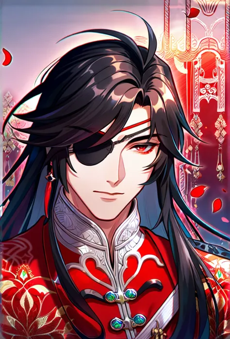 Ultra detailed, HDR, Highres, absurdres, master piece, Hua Cheng, black long hair, expressive red eye, black eye patch, Heaven O...