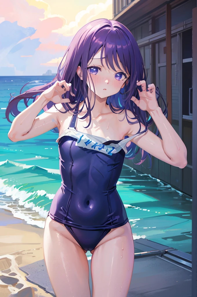 school swimwear、Acme Face、Random pose、, Pale purple eyes、Pale purple eyes、Semi-long hair、nsfw、Highest quality、1 girl、solo、Ocean、Sandy Beach、Sexy pose、Random pose、Blushing、Wet、Embarrassed、I can see half of my 、、One piece swimsuit、(Strap slip:1.3)、School Swimsuit