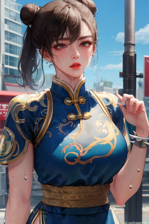 masterpiece,Highest quality, Unreal Engine, Super Resolution, Very detailed,
1 Girl, Waist, thin, (Muscular:0.8)
Round Breasts, Big Breasts, bold,  Lips parted, Observe the audience,
Are standing, sexy pose
Waist shot,
Simple background anime style, Key Visual,
Hair Bun, Blue Chinese clothing, spike bracelet,Chunli, Street Fighter,Sticky with sweat,Clothes are also wet, 