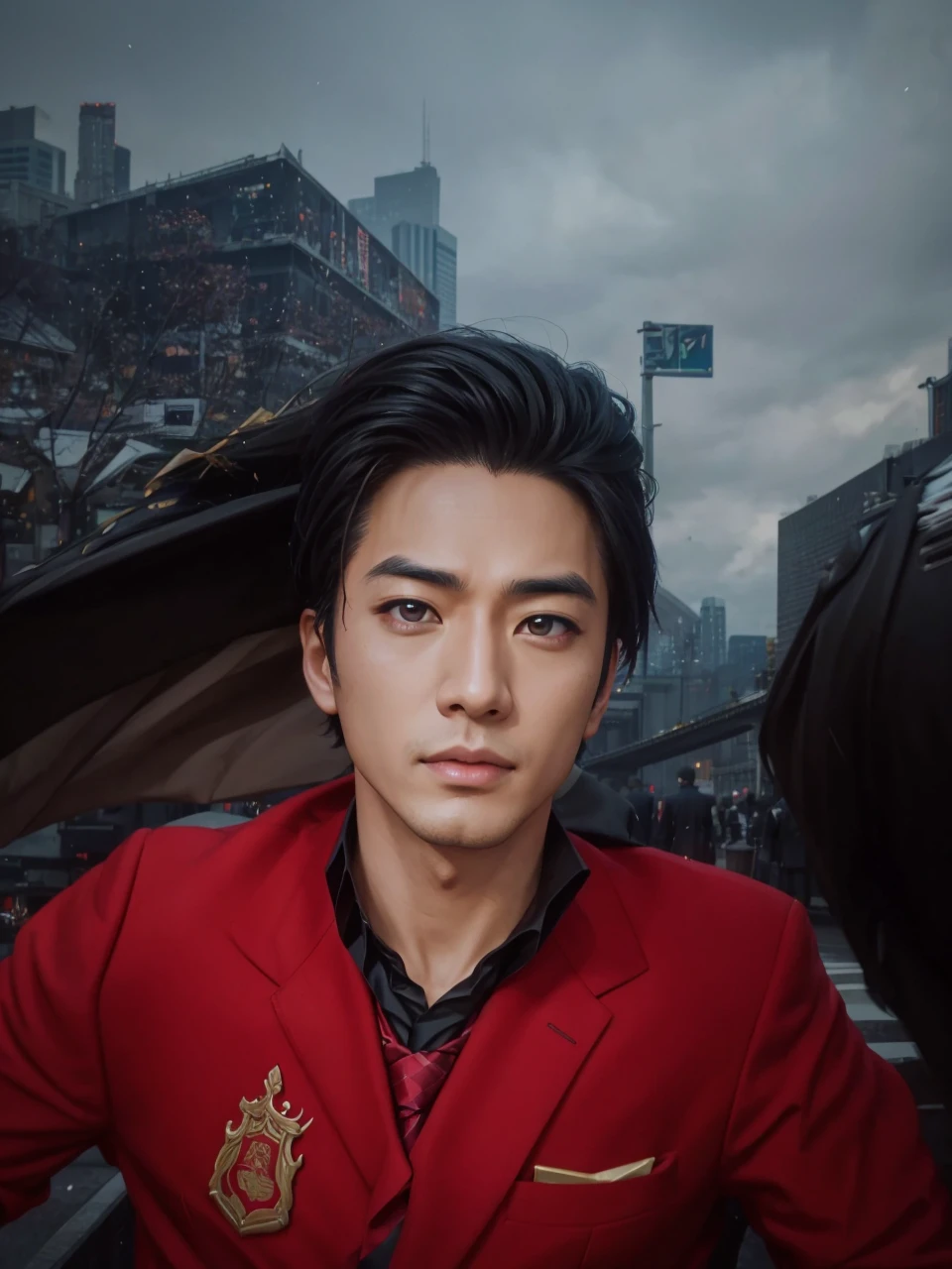 Anime Style, masterpiece, high quality, Style sheet, Fantasy, salaryman, 1 person, Detailed face, Realistic eyes, Realistic lips, Elegant suits, tie, briefcase, urban landscape background, Dramatic lighting, Vibrant colors, Structure of the film, Realistic, 8K, Super detailed