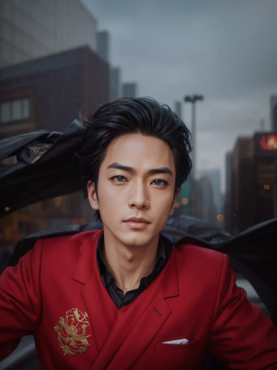 Anime Style, masterpiece, high quality, Style sheet, Fantasy, salaryman, 1 person, Detailed face, Realistic eyes, Realistic lips, Elegant suits, tie, briefcase, urban landscape background, Dramatic lighting, Vibrant colors, Structure of the film, Realistic, 8K, Super detailed