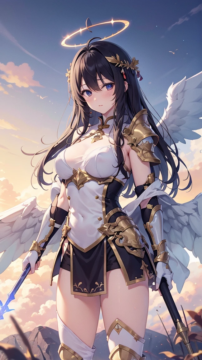 1 Girl,angel wings,Medium breasts,(Sunlight),(angel),Dynamic Angle,floating,wing,Black wing，Black Hair，Halation,floating white silk,(Holy Light),Silver Star,outdoor,Sky,antenna,Chinese weapons,Holding lever arm,spear,fly,flying,Shoulder_armor,Shin_guard,Oil residue,helmet,armor,, (masterpiece:1,2), best quality, masterpiece, high resolution, The original, Extremely detailed wallpaper, Perfect lighting,(Extremely detailed CG:1.2), drawing, brush，Holding a weapon，Sky City，laser