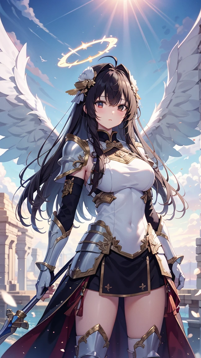 1 Girl,Angel wings,Medium breasts,(Sunlight),(Angel),Dynamic Angle,floating,wing,黑色wing，Black Hair，Halo,floating white silk,(Holy Light),Silver Star,outdoor,Sky,antenna,Chinese weapons,Holding lever arm,spear,fly,flying,Shoulder_armor,Shin_Guard,Oil residue,helmet,armor,, (masterpiece:1,2), best quality, masterpiece, high resolution, The original, Extremely detailed wallpaper, Perfect lighting,(Extremely detailed CG:1.2), drawing, brush，Holding a weapon，Sky城，laser