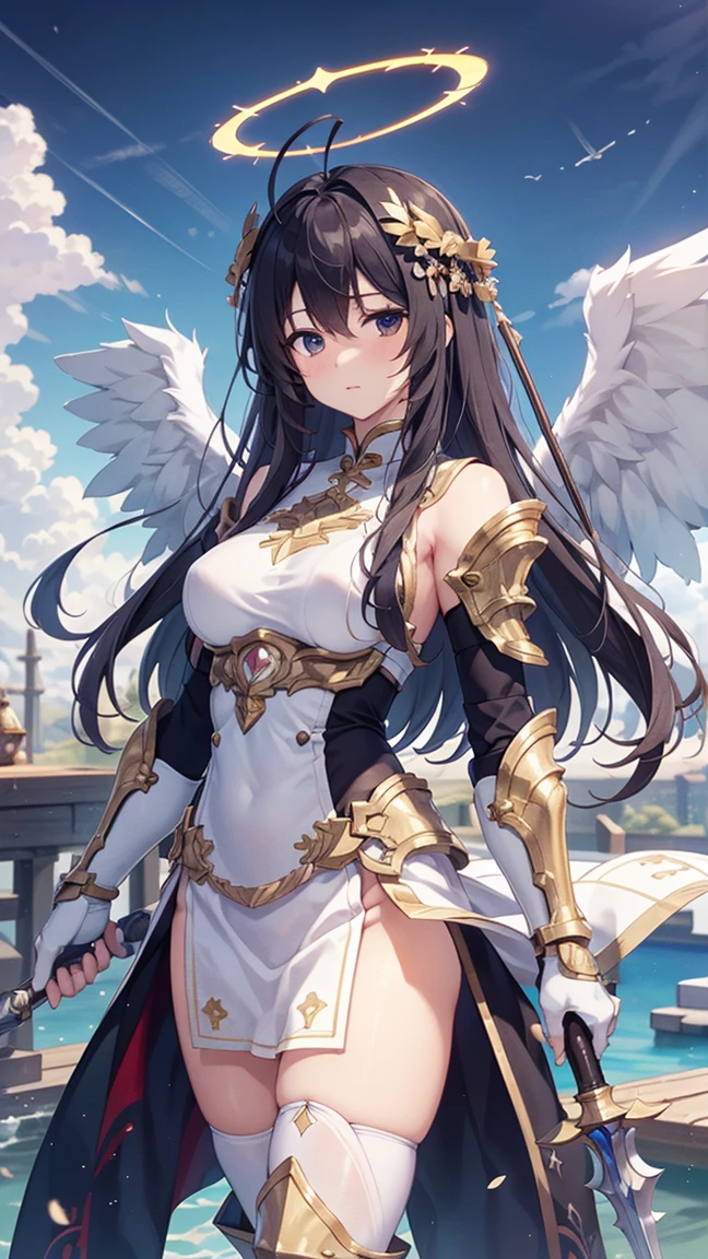 1 Girl,angel wings,Medium breasts,(Sunlight),(angel),Dynamic Angle,floating,wing,Black wing，Black Hair，Halation,floating white silk,(Holy Light),Silver Star,outdoor,Sky,antenna,Chinese weapons,Holding lever arm,spear,fly,flying,Shoulder_armor,Shin_guard,Oil residue,helmet,armor,, (masterpiece:1,2), best quality, masterpiece, high resolution, The original, Extremely detailed wallpaper, Perfect lighting,(Extremely detailed CG:1.2), drawing, brush，Holding a weapon，Sky City，laser