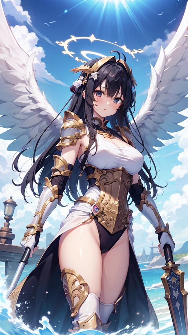 1 Girl,angel wings,Medium breasts,(Sunlight),(angel),Dynamic Angle,floating,wing,（（Black wing）），Black Hair，Halation,floating white silk,(Holy Light),Silver Star,outdoor,Sky,antenna,Chinese weapons,Holding lever arm,spear,fly,flying,Shoulder_armor,Shin_guard,Oil residue,helmet,armor,, (masterpiece:1,2), best quality, masterpiece, high resolution, The original, Extremely detailed wallpaper, Perfect lighting,(Extremely detailed CG:1.2), drawing, brush，Holding a weapon，Sky City，laser