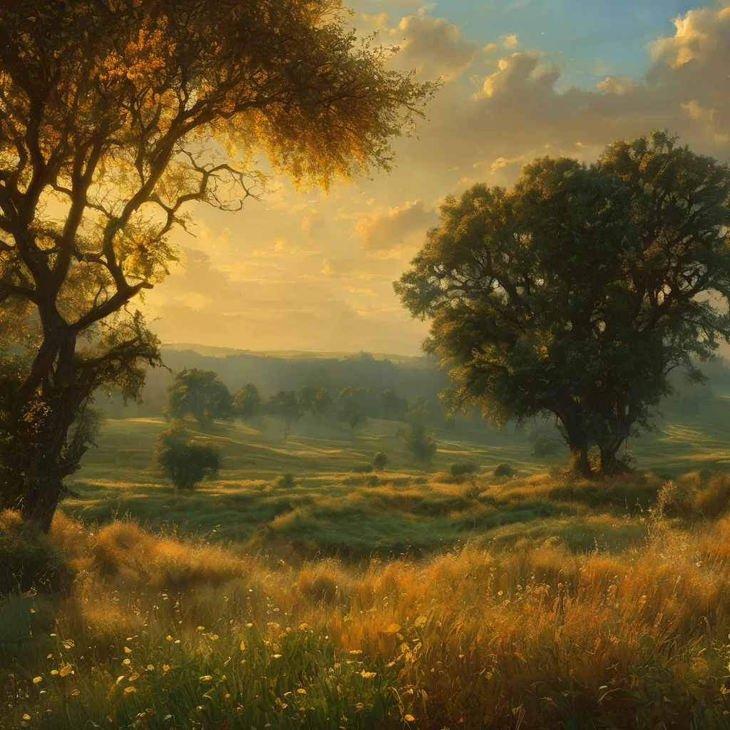 arafed view of a field with trees and bushes in the foreground, a matte painting by Carl Rahl, flickr, tonalism, intricate foreground, dramatic warm morning light, dramatic cold light, beautifully lit landscape, warm beautiful scene, extremely beautiful and ethereal, cold but beautiful, amazing landscape, beautiful!!!, gorgeous composition, marc adamus, dramatic morning light