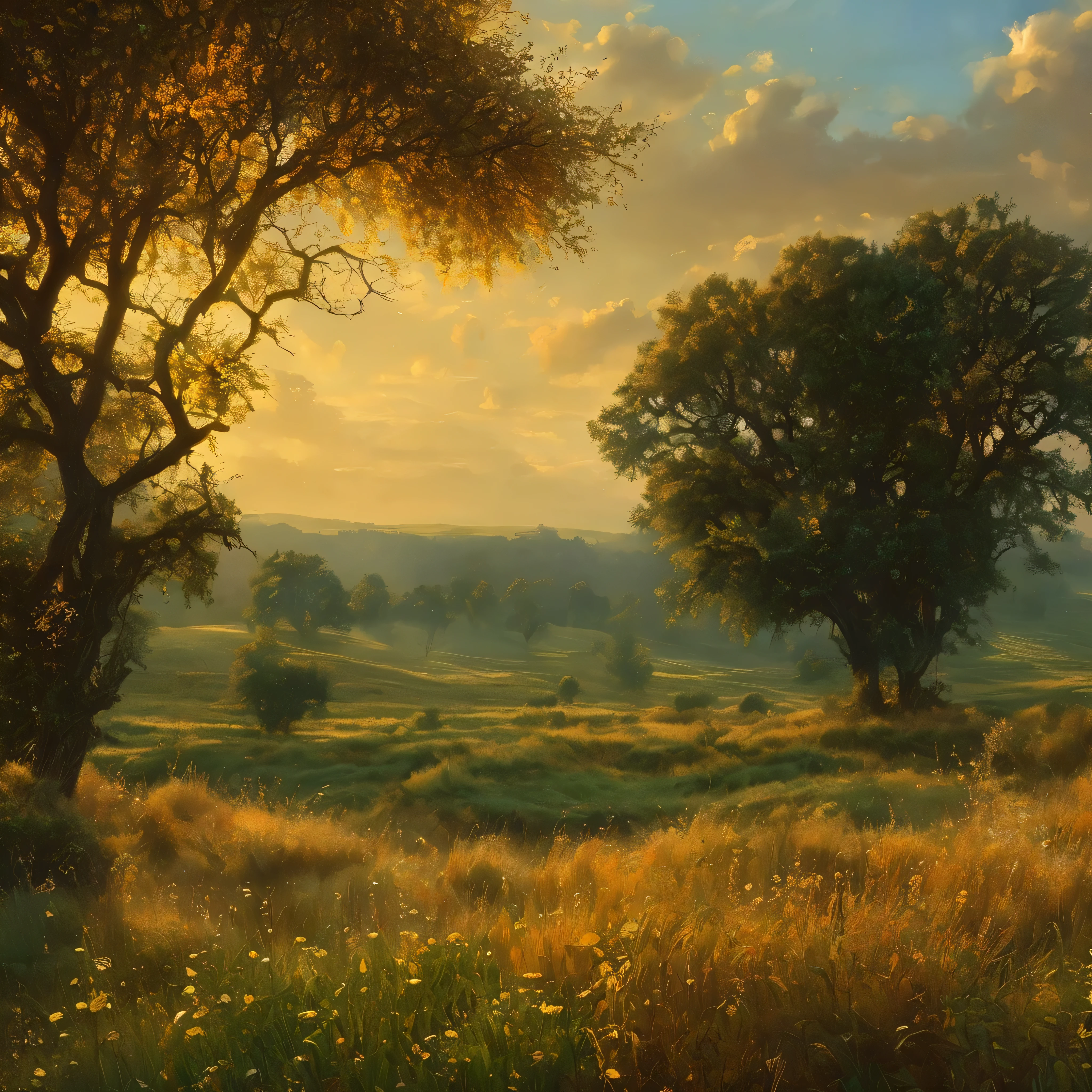 Arafed Blick auf ein Feld mit Bäumen und Sträuchern im Vordergrund, ein Matte Painting von Carl Rahl, flickr, Tonalismus, komplizierter Vordergrund, dramatisches warmes Morgenlicht, dramatisches kaltes Licht, Schönly lit landscape, warm Schön scene, extremely Schön and ethereal, cold but Schön, atemberaubende Landschaft, Schön!!!, wunderschöne Komposition, Mark Adams, dramatisches Morgenlicht