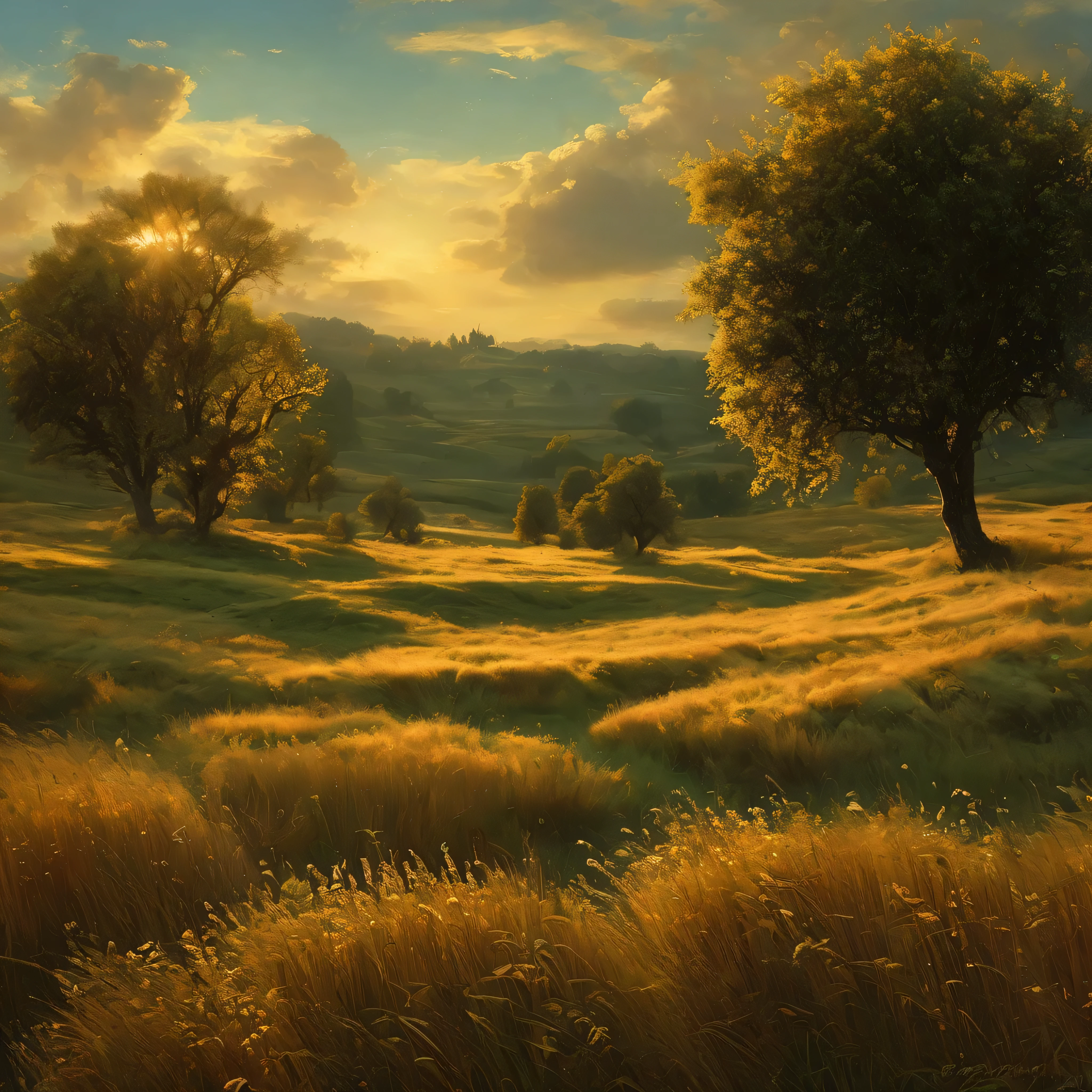 arafed view of a field with trees and bushes in the foreground, a matte painting by Carl Rahl, flickr, tonalism, intricate foreground, dramatic warm morning light, dramatic cold light, beautifully lit landscape, warm beautiful scene, extremely beautiful and ethereal, cold but beautiful, amazing landscape, beautiful!!!, gorgeous composition, marc adamus, dramatic morning light