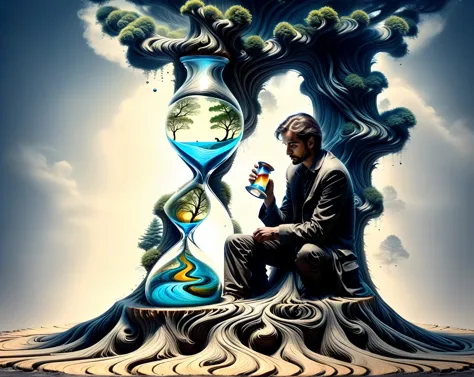 a man sitting on a tree stump looking at an hourglass, time consumes us all, memory trapped in eternal time, illusion of bent ti...