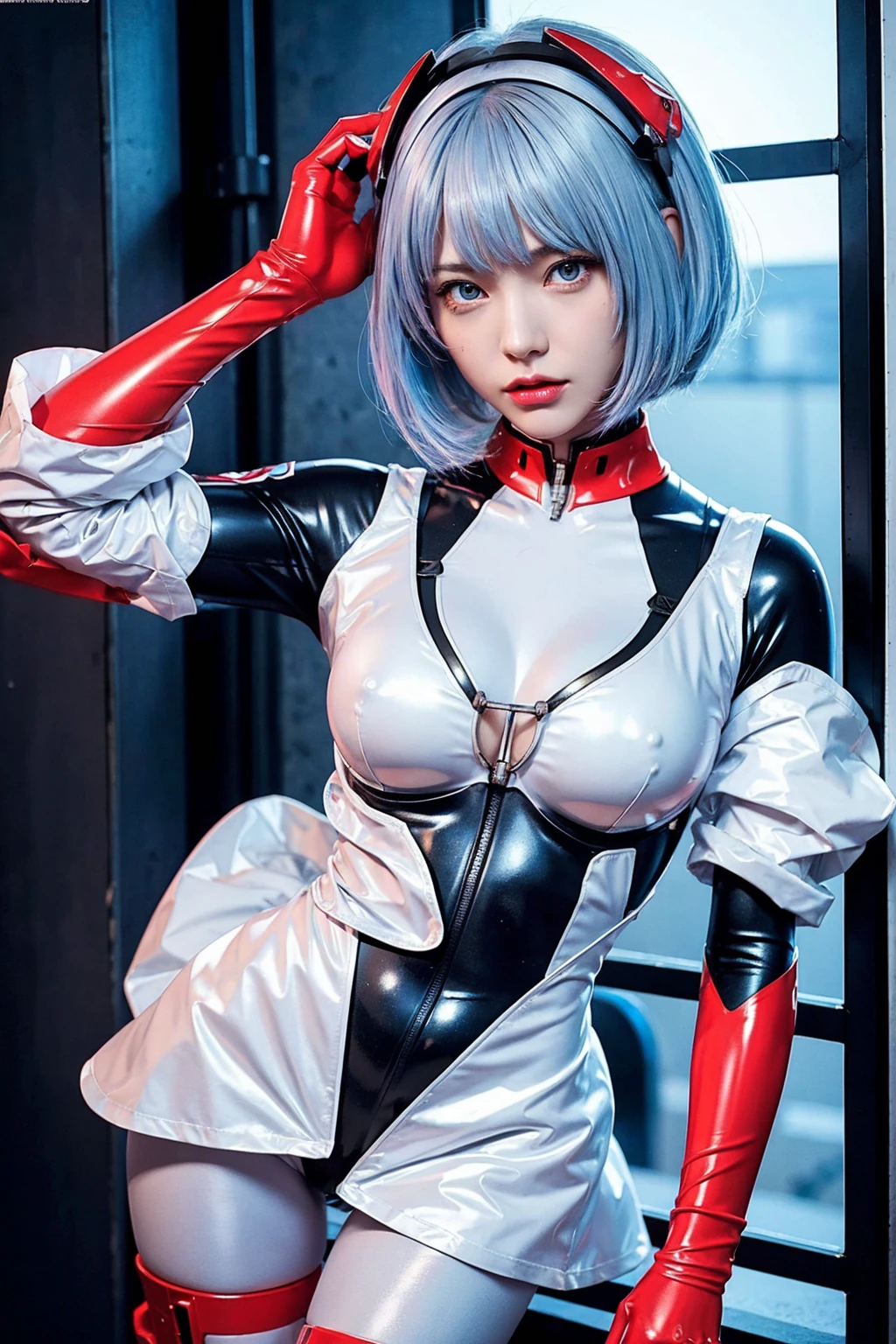 Evangelion,Rei Ayanami,Silvery blue hair,Red eyes,Red eyes,Plug Suit,Bodysuits,Interface Headset,白いBodysuits,Ultra HD,super high quality,masterpiece,Digital SLR,Realistic,Detailed explanation,Crisp details,depicted in detail,Detailed face,Detailed explanation,Super detailed,Realistic skin texture,Anatomical basis,Perfect Anatomy,Anatomically correct hand,Anatomically correct fingers,Complex 3D rendering,Sexy pose,Rainy Sky,Beautiful views,Beautiful rainy sky,Picturesque,Pink Lips,
