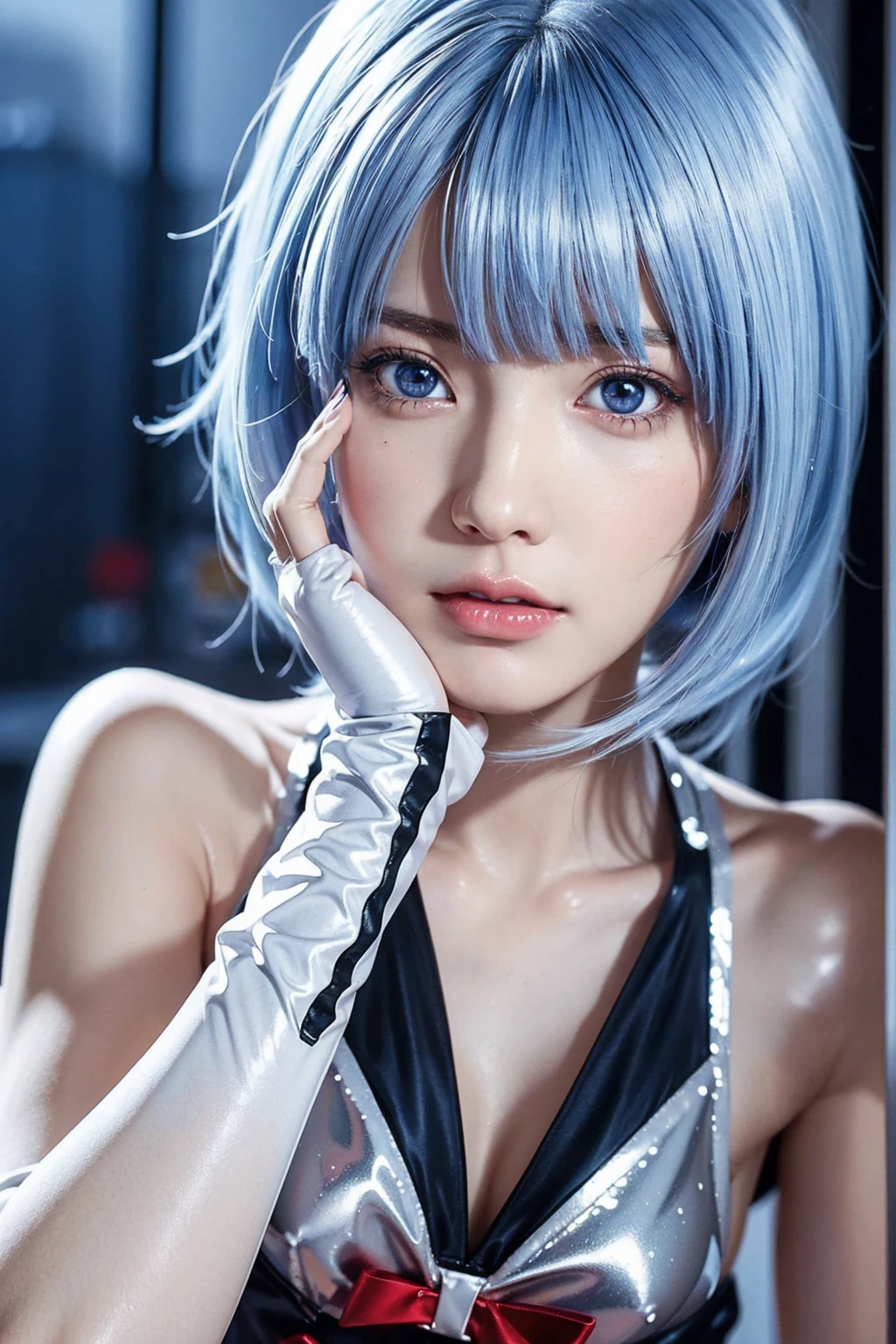 Evangelion,Rei Ayanami,silberblaues Haar,rote Augen,rote Augen, Uniform,Ultra HD,Super Qualität,Meisterwerk,Digital SLR,realistisch,ausführliche Erklärung,Klare Details,Im Detail dargestellt,Detailliertes Gesicht,ausführliche Erklärung,Super detailliert,realistisch skin texture,Anatomische Grundlagen,Perfekte Anatomie,Anatomisch korrekte Hand,Anatomisch korrekte Finger,Komplexes 3D-Rendering,sexy Pose,regnerischer Himmel,Wunderschöne Aussicht,Schöner regnerischer Himmel,malerisch,pinke Lippen,
