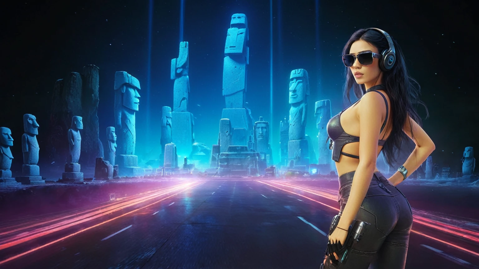 At night, dark sky, distant shot aerial view of fantasy cyberpunk style ice ((Moai-statue)) city, ((flying car)). ((1girl, solo, alone)), medium-breast:1.1 slim body, cleavage, sexy clothes, (headphone, black sunglasses, long black realistic hair), (((hip-up standing and holding pistol))), (((((half-body thigh level medium shot))))), cinematic lighting, lens flare, ray tracing.