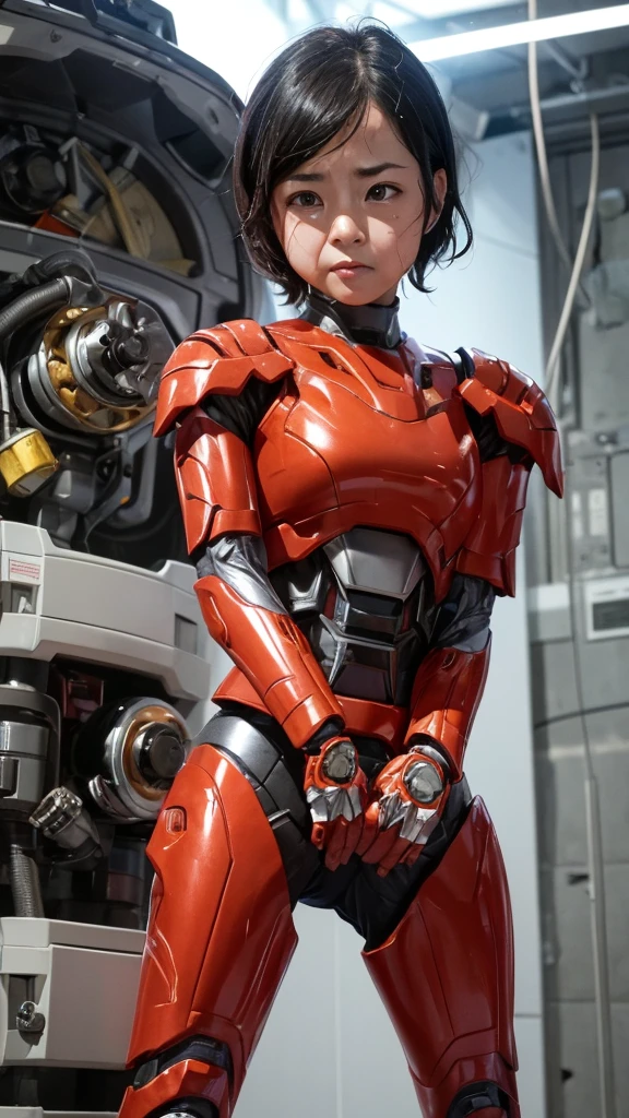 Rough skin, Very detailed, Advanced Details, high quality, 最high quality, High resolution, 1080P, hard disk, beautiful,(War Machine),beautifulサイボーグの女性,Red Mecha Cyborg Girl,Fight,Girl with a mechanical body,、Junior high school girl　Very short hair、Sweaty brown eyes、Sweaty face、Expressions of unfair treatment　cute　Black Hair(Steam coming out of the body)　((Steam coming out of my head)) (((Steam coming out of the whole body))) Glasses　Squat　Spread your legs Spread your legs　(Shyness)