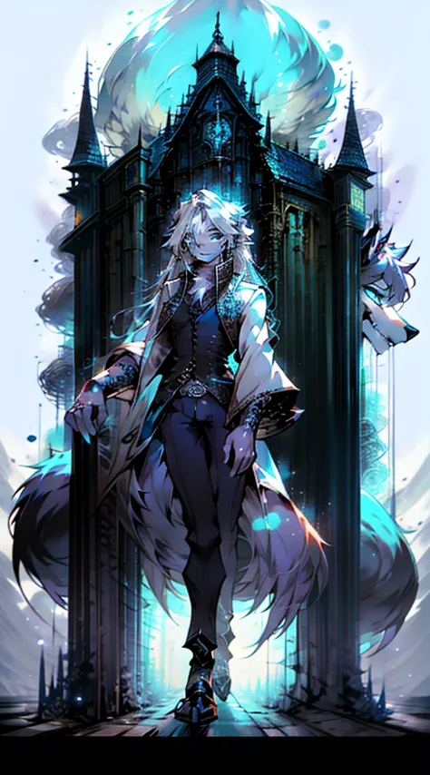 In steampunk style，Big-tailed wolf，blue color eyes，grey long hair，Modern white coat