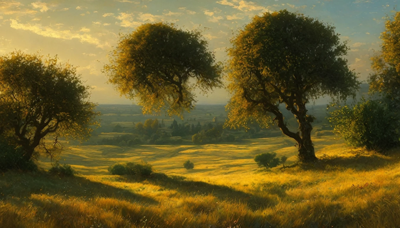 sweeping view of a field with trees and bushes in the foreground, a matte painting by Carl Rahl, flickr, tonalism, intricate foreground, dramatic warm morning light, dramatic cold light, comelyly lit landscape, warm comely scene, extremely comely and ethereal, cold but comely, incredible landscape, comely!!!, beautiful composition, Marcos Adams, dramatic morning light