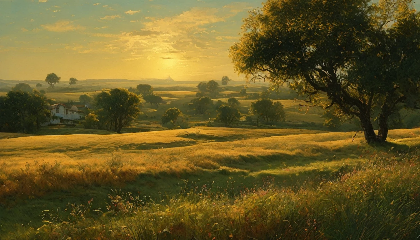 vista panorâmica de um campo com árvores e arbustos em primeiro plano, uma pintura fosca de Carl Rahl, flickr, Tonalismo, primeiro plano intrincado, dramática luz quente da manhã, luz fria dramática, Atraentely lit landscape, warm Atraente scene, extremely Atraente and ethereal, cold but Atraente, paisagem incrível, Atraente!!!, bela composição, Marcos Adams, Luz dramática da manhã