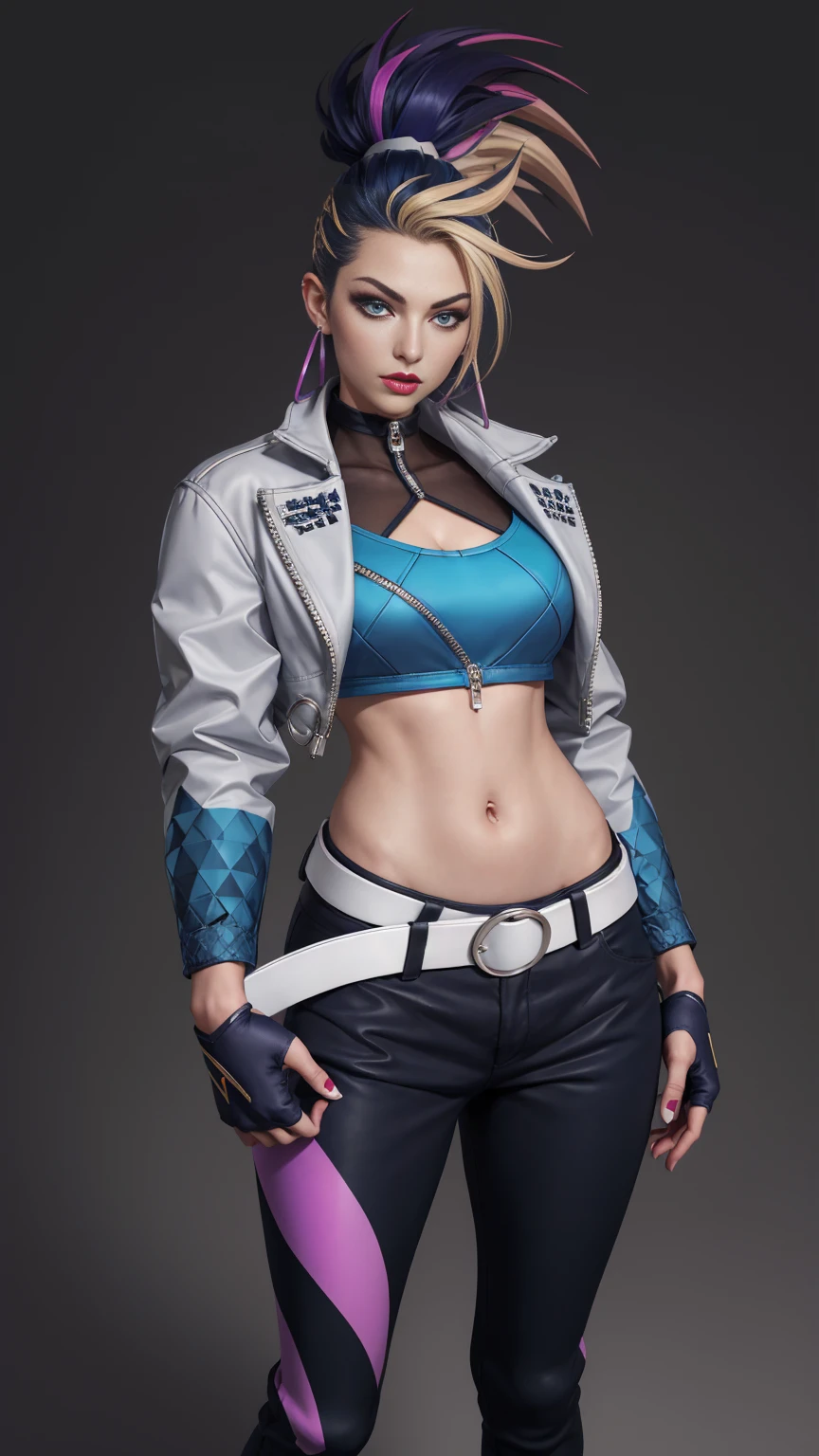 ((Full-length photo, standing, feet on the ground)) best quality,masterpiece,8k wallpaper,absurdres, highres, ultra detailed, (1 young beautiful girl, solo:1.1),k/da (league of legends), navel,fingerless gloves, cropped jacket,jacket, multicolored hair, samurai ponytail (loanword)ï¼belt, earrings, blonde hair, crop top, midriff, akali, makeup,purple hair, open jacket,two-tone hair, open clothes, blue eyes, lips, triangle earrings, belt buckle, black hair, breasts, black pants, hoop earrings, standing, blue gloves, blue hair, zipper,BREAK