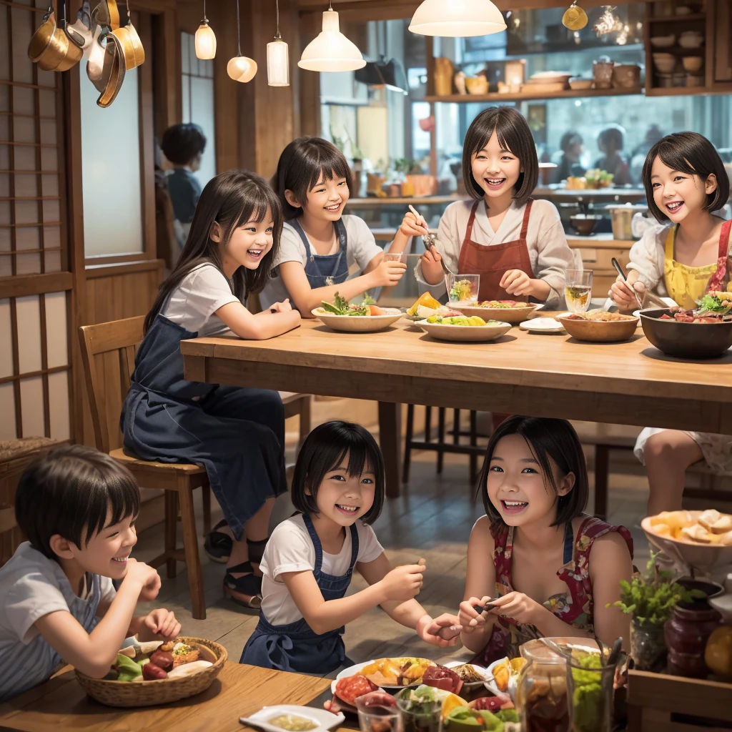 Um grupo de crianças japonesas alegres se dirige animadamente para a mesa de jantar., pronto para definir, sorrindo amplamente, ambiente de cozinha colorido e animado, charme cartunesco, iluminação suave e brilhante, ilustração digital altamente detalhada, semelhante a livros infantis de alta qualidade, arte digital