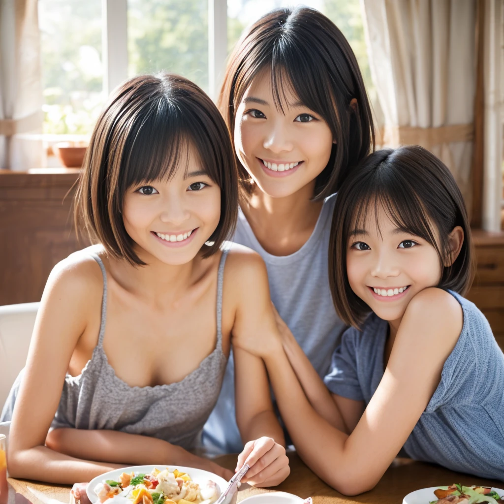 meilleure qualité japonaise,chef-d&#39;œuvre,超Une haute résolution,anatomie parfaite,（fidélité：1.4）,Photo RAW,sourire,Garçon aux cheveux courts,Femme de 25 ans et garçon de 2 ans,une femme et un petit garçon, Maman et fils aux cheveux courts,Mère mignonne et enfant souriant,tir de cow-boy,éclairage cinématique,Parent et mannequin,adorable,, (NSFW:1.2)(Être dans le salon)、(repas ensemble)(Asseyez-vous sur la table)、