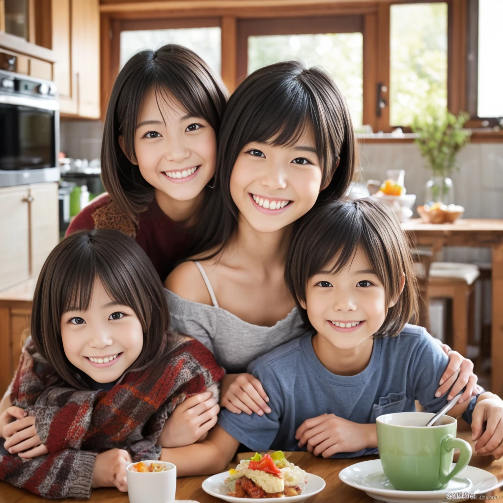 meilleure qualité japonaise,chef-d&#39;œuvre,超Une haute résolution,anatomie parfaite,（fidélité：1.4）,Photo RAW,sourire,Garçon aux cheveux courts,Femme de 25 ans et garçon de 2 ans,une femme et un petit garçon, Maman et fils aux cheveux courts,Mère mignonne et enfant souriant,tir de cow-boy,éclairage cinématique,Parent et mannequin,adorable,, (NSFW:1.2)(Être dans le salon)、(repas ensemble)(Asseyez-vous sur la table)、