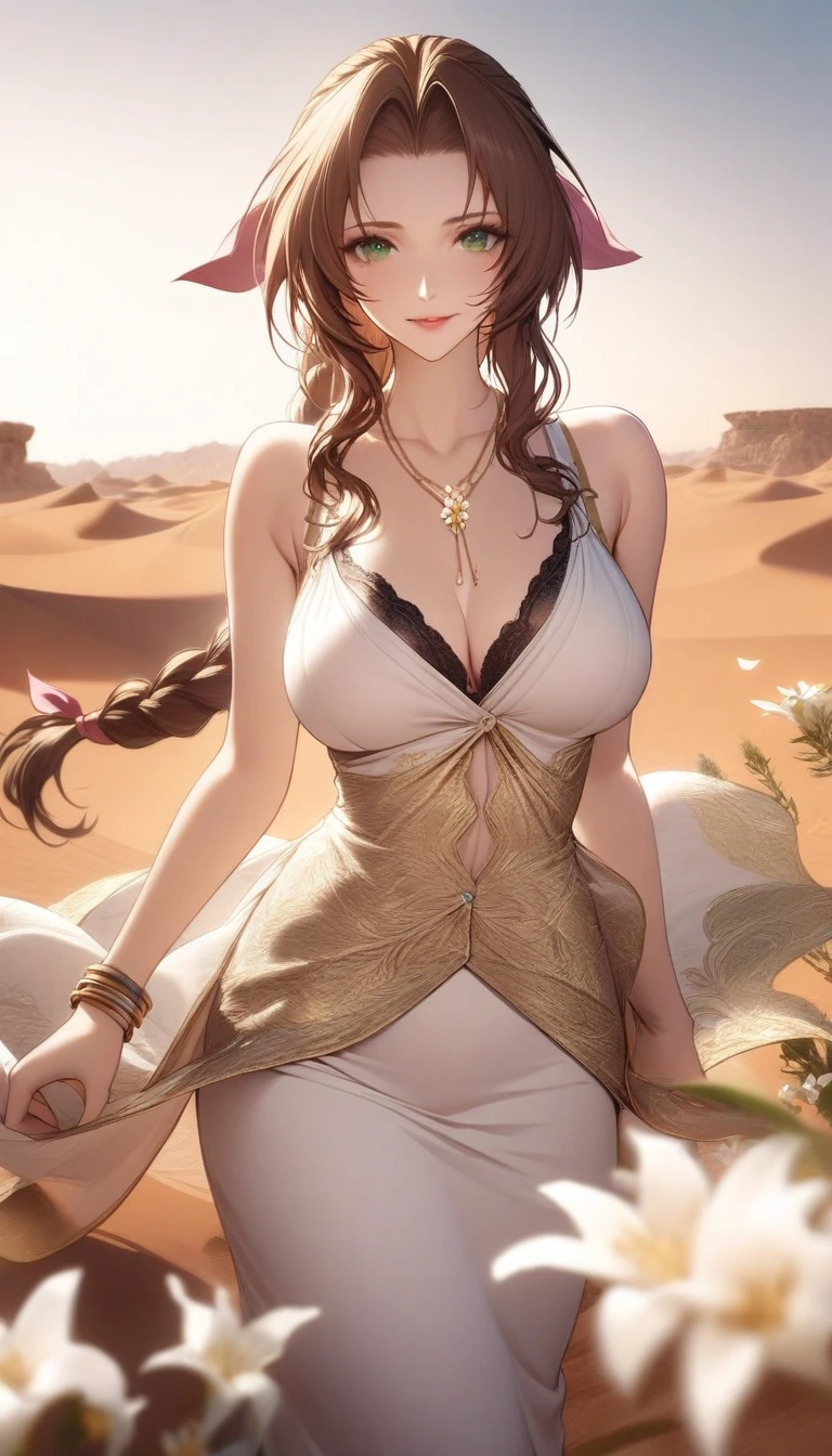 masterpiece, best quality, very aesthetic, absurdres, 1girl, mature_lady, in Desert ,1 Pretty girl，Tighten the body，clothes details，There are intricate gold threads on the clothes，pearls necklace,white skinned，looking at viewer， ,aerith_gainsborough, final_fantasy, final_fantasy_vii, final_fantasy_vii_rebirth, final_fantasy_vii_remake, 1girl, green_eyes, hair_ribbon, brown_hair, long_hair, braid, braided_ponytail, bangle, bracelet, breasts,,in Desert, Desert Princess,surrounding by flowers,falling_petals, outdoors, petals,,,blur background,background defocus,