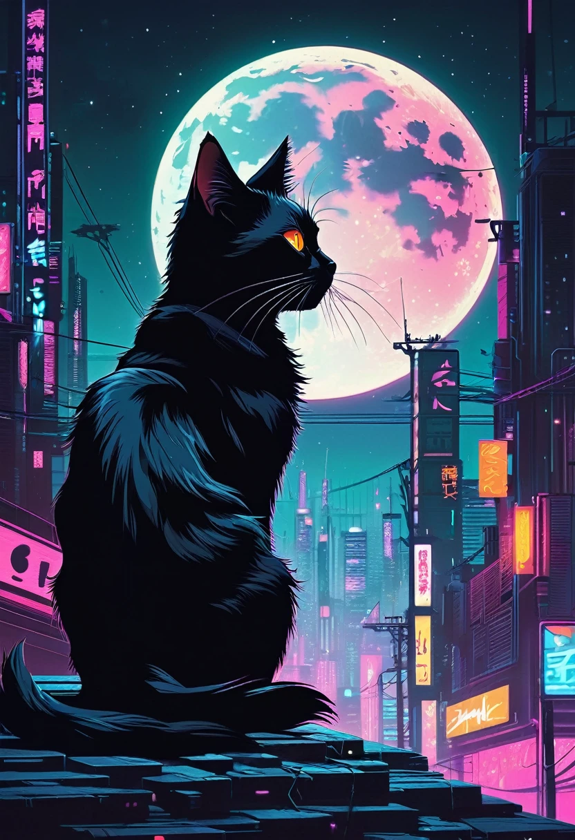 um gato preto sentado em frente à lua cheia, arte ciberpunk, por Alena Aenami, olhos ardentes, na cidade cyberpunk, Anton Fadeev e Mumford, lofi portoRait