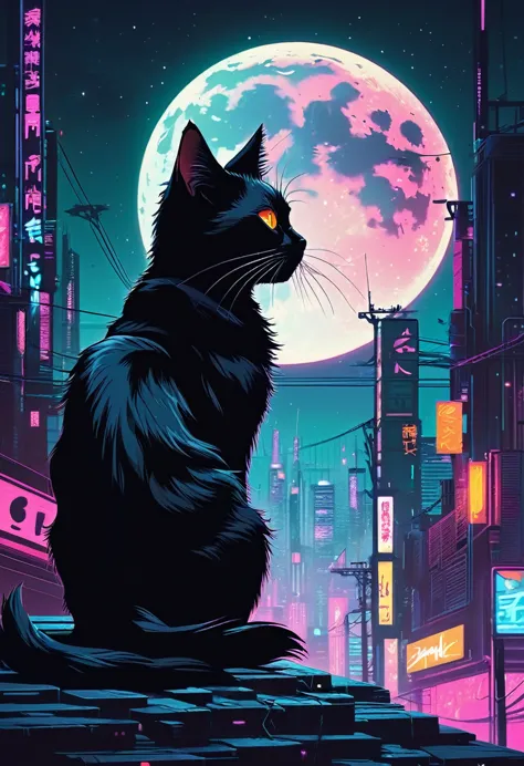 a black cat sitting in front of a full moon, cyberpunk art, by alena aenami, fiery eyes, in cyberpunk city, anton fadeev and dan...