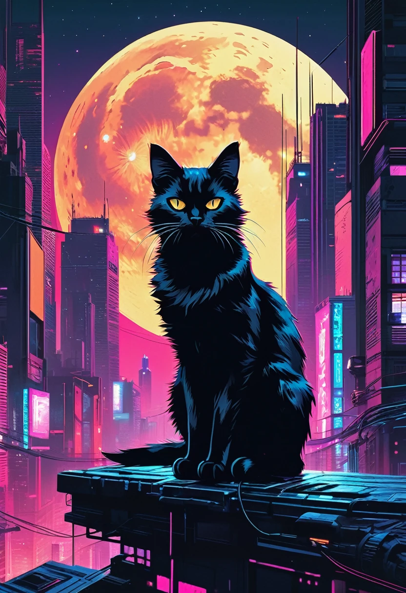 um gato preto sentado em frente à lua cheia, arte ciberpunk, por Alena Aenami, olhos ardentes, na cidade cyberpunk, Anton Fadeev e Mumford, lofi portoRait