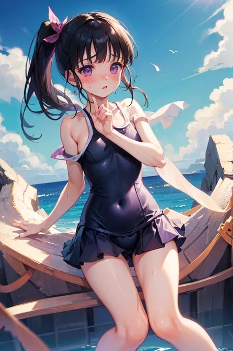 school swimsuit,,blushing、black hair、side ponytail、pale purple eyes、head to toe full body、blushing、embarrassed look、composition ...