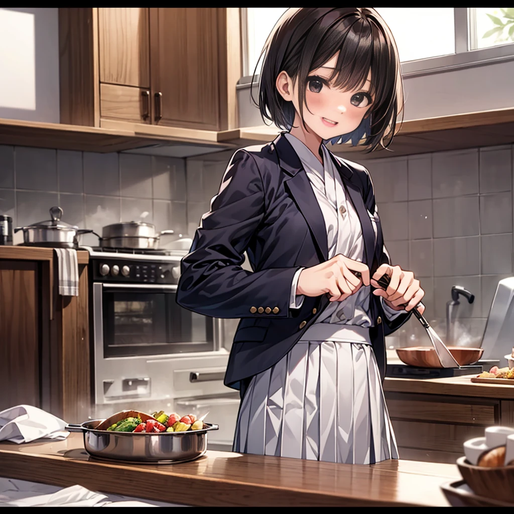 japanese In one girl、fun、High school blazer with popular design、shirt、pleated skirt、white skirt、（small breasts ) en clase,black short hair, black eyes, lazo color rojo, clase de cocina, cocinando, one girl,