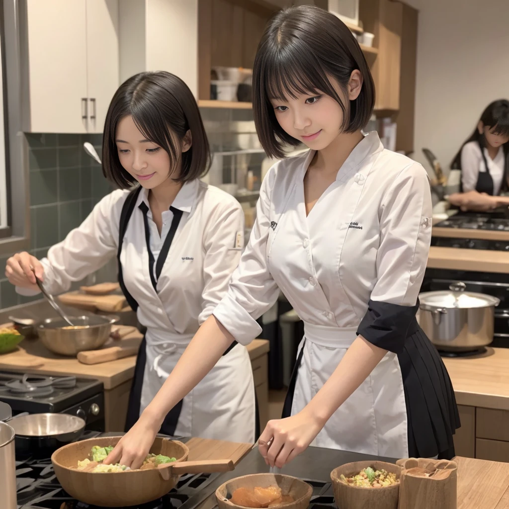 japanese In Una chica、divertido、Blazer de secundaria con diseño popular.、camisa、falda plisada、falda blanca、（senos pequeños ) en clase,pelo corto negro, ojos negros, lazo color rojo, clase de cocina, cocinando, Una chica,