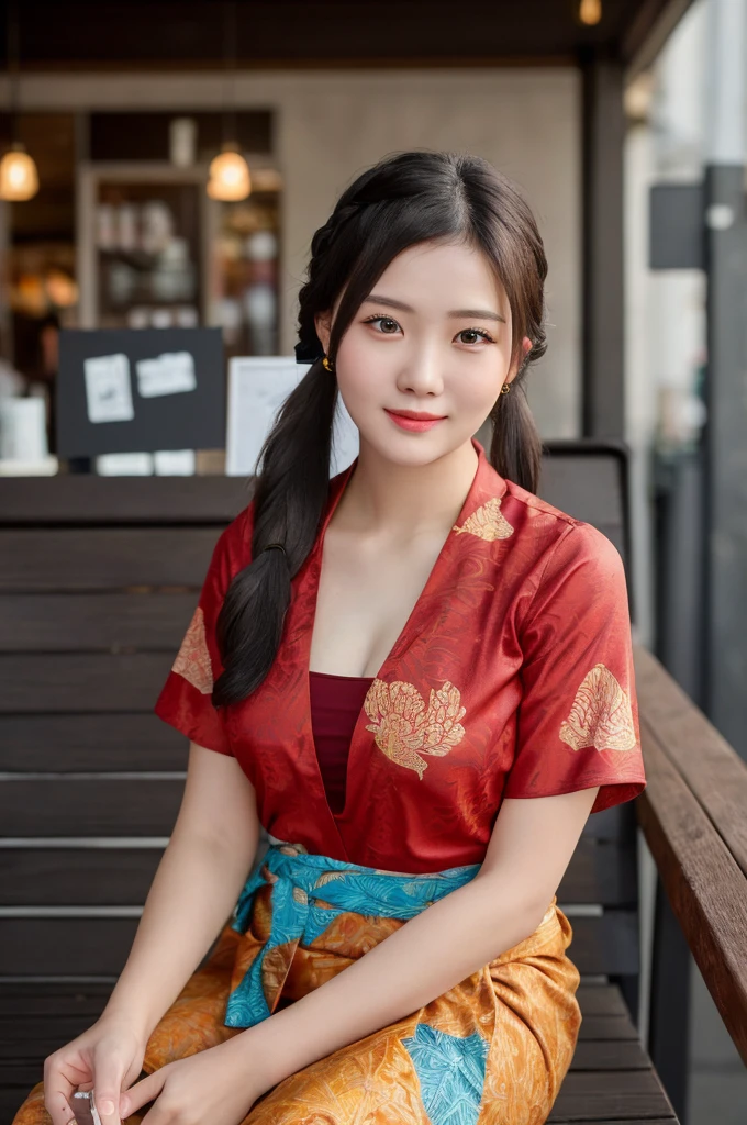 masterpiece: 1.4), (8K, Photorealistic, Raw photography, Best image quality: 1.4), Chubby Chinese girl, 19 years old, (Random hairstyle: 1.2), full body Super Detailed skin, sharp focus 1.3 beautiful girl : 1.2 masterpiece light best quality black hair、超 High resolution (Photorealistic: 1.4), Slight smile, watch, very detailed and professional lighting red kebaya, and batik patterned sarong skirt, Serious facial expression, Sitting on a coffee shop bench