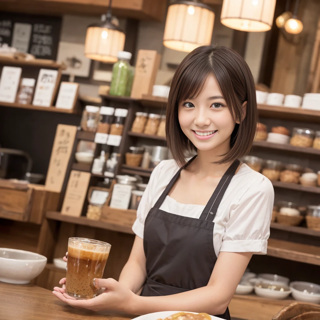 Japonais (dessus de la table, Meilleure qualité, ultra haute résolution),1 fille dans,Cheveux courts, cheveux bruns, visage beau et détaillé, yeux détaillés,Employé de café en tablier, dans un café,(dans la quarantaine)((un sourire))