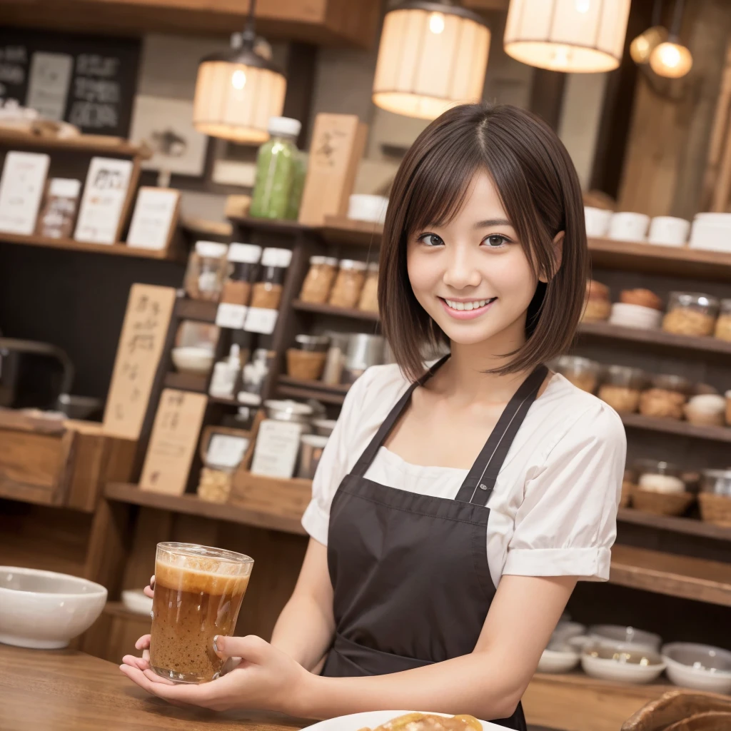 japonés (mesa, mejor calidad, ultra alta resolución),1 chica en,cabello corto, Pelo castaño, cara hermosa y detallada, ojos detallados,Camarero de cafetería con delantal, en un café,(en tus 40)((Una sonrisa))