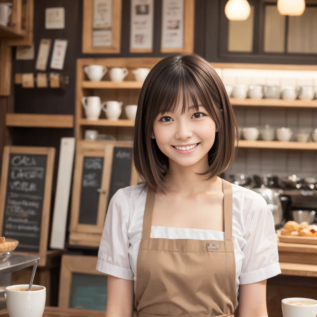 日本人 (桌上, 最好的质量, 超高分辨率),1女孩,短发, 棕色的头发, 美丽而细致的脸庞, 细致的眼睛,围裙的咖啡厅店员, 在咖啡馆,(40 多岁)((一个微笑))