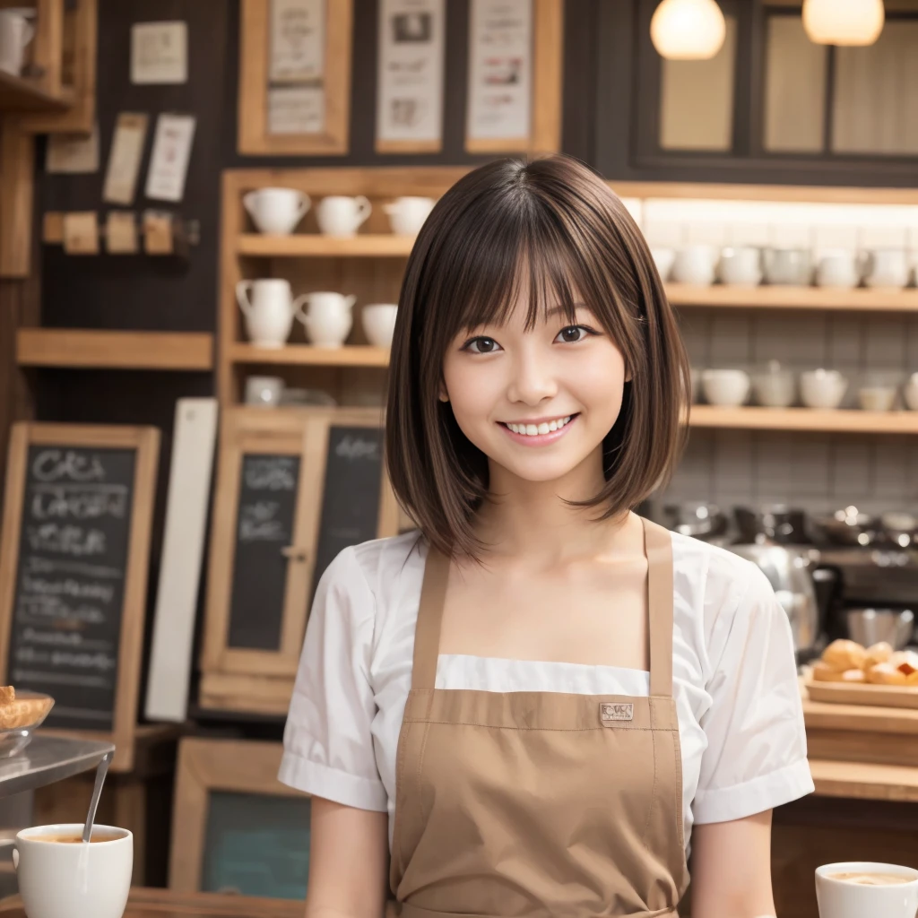 日本人 (桌上, 最好的品質, 超高解析度),1 女孩在,短髮, 棕色的頭髮, 美麗而細緻的臉, 細緻的眼睛,穿着围裙的咖啡店店员, 在咖啡館,(你40多岁)((一個微笑))