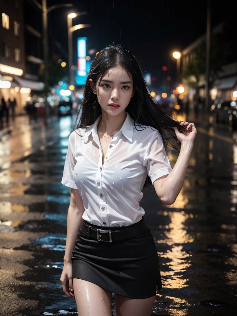 (RAW shooting, Photoreal:1.5, 8K, highest quality, masterpiece, ultra high resolution), perfect dynamic composition:1.2, Night street corner of a modern city, expression of sadness:0.5, heavy rain:1.3, Highly detailed skin and facial textures:1.2, one Slim lady wet in the rain:1.3, Fair skin:1.2, perfect style:1.2, beautiful and aesthetic:1.1, very beautiful face:1.2, water droplets on the skin and face:1.3, (rain drips all over my body:1.2, wet body:1.2, wet hair:1.3, Wet black tight skirt:1.2, wet white plain short-sleeve shirt:1.3), brown suede belt:1.2, black bra under white shirt:1.4, white sneakers, (cry, lovelorn, The expression on your face when you feel intense caress, Facial expression when feeling pleasure), (beautiful blue eyes, Eyes that feel beautiful eros:0.8), (Too erotic:0.9, Bewitching:0.9), upper body, close up, rain, metal shirt buttons:1.2, metal plate belt buckle:1.3, at night:1.2, thai university uniform, at night:1.3, standing, rain foreground and background:1.2, splashing:1.5, floating water:1.5