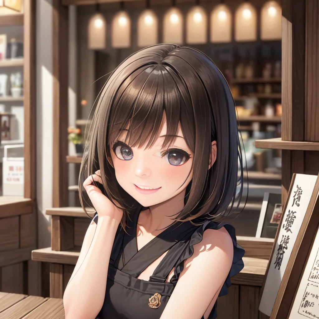 Japonais (dessus de la table, Meilleure qualité, ultra haute résolution),1 fille dans,Cheveux courts, cheveux bruns, visage beau et détaillé, yeux détaillés,Employé de café en tablier, dans un café,(dans la quarantaine)((un sourire))