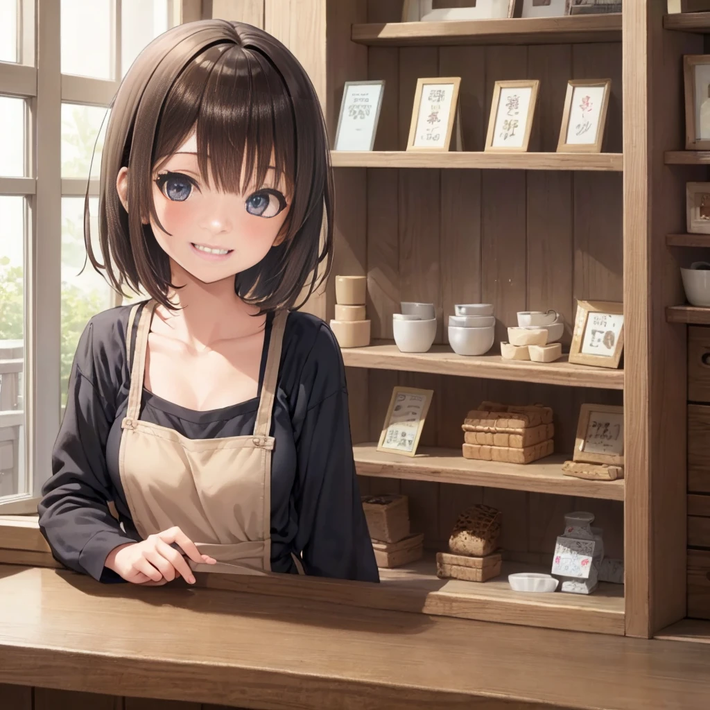 Japonais (dessus de la table, Meilleure qualité, ultra haute résolution),1 fille dans,Cheveux courts, cheveux bruns, visage beau et détaillé, yeux détaillés,Employé de café en tablier, dans un café,(dans la quarantaine)((un sourire))