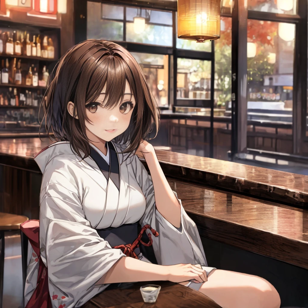 japanese,Italian girl with short brown hair, angular chin, sitting at a bar table